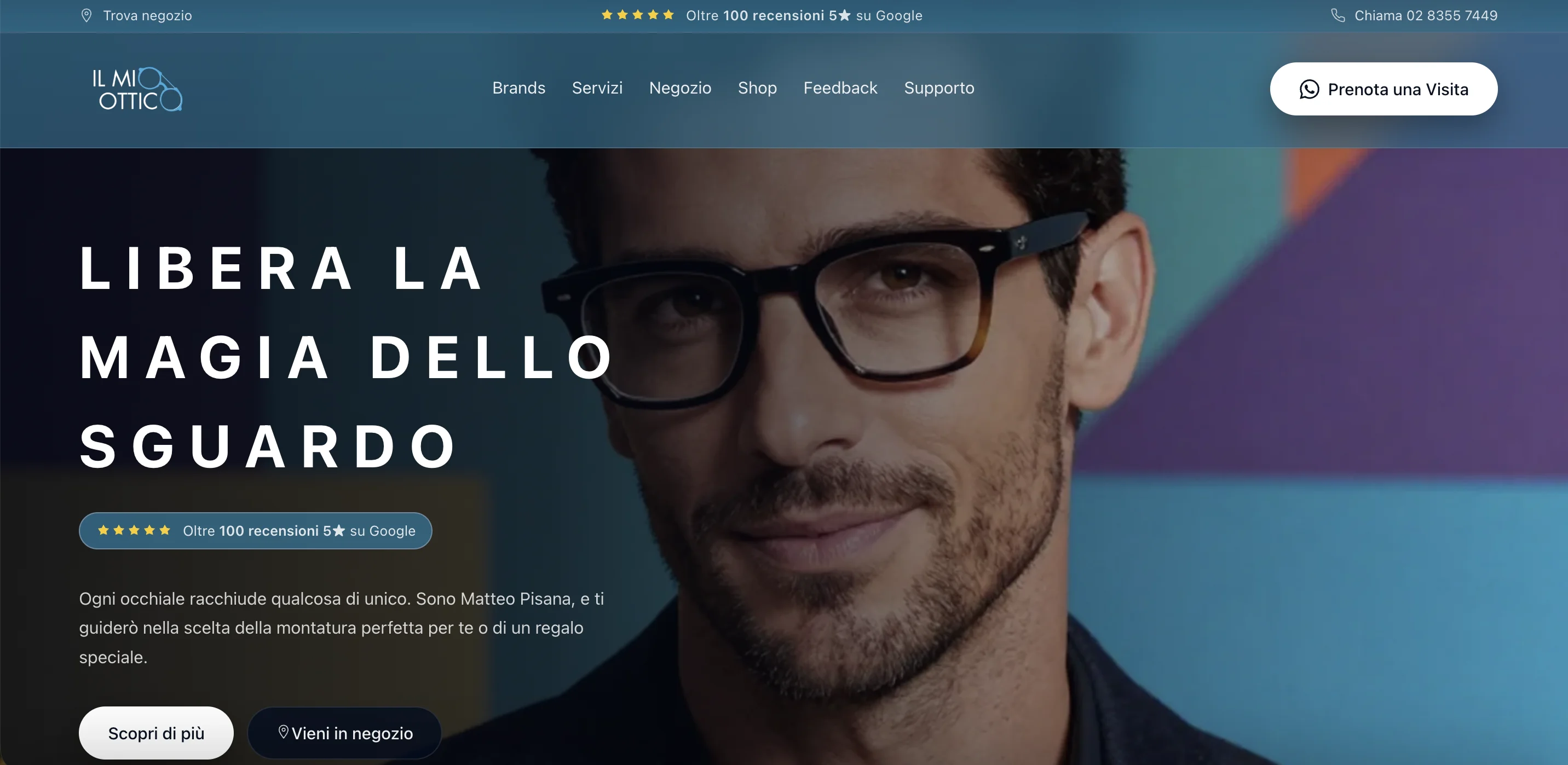 Il sito del centro ottico milanese Il Mio Ottico realizzato da ByMarke, con il pulsante per prenotare una visita